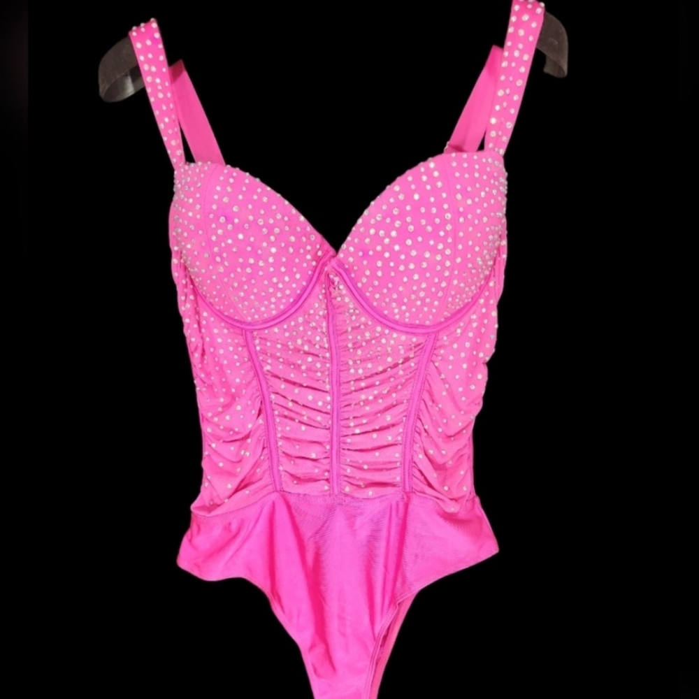 COPY - Banjul Hot Pink Rhinestones Bodysuit.  M